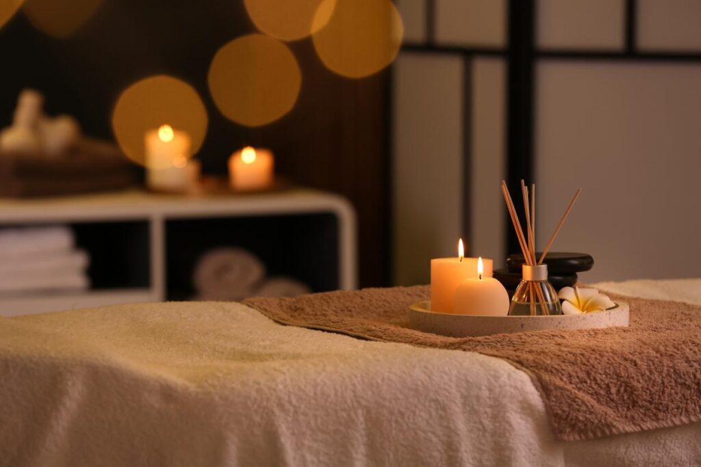 Deep Tissue Massage Downtown Brooklyn: The massage room with warm
lighting, bamboo décor, and a serene environment, creating a restorative experience for clients.