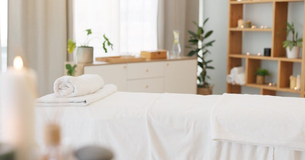 Lymphatic Drainage Massage Downtown Brooklyn: A serene massage room shows a treatment table with fresh white linens, towels, candles and natural elements.